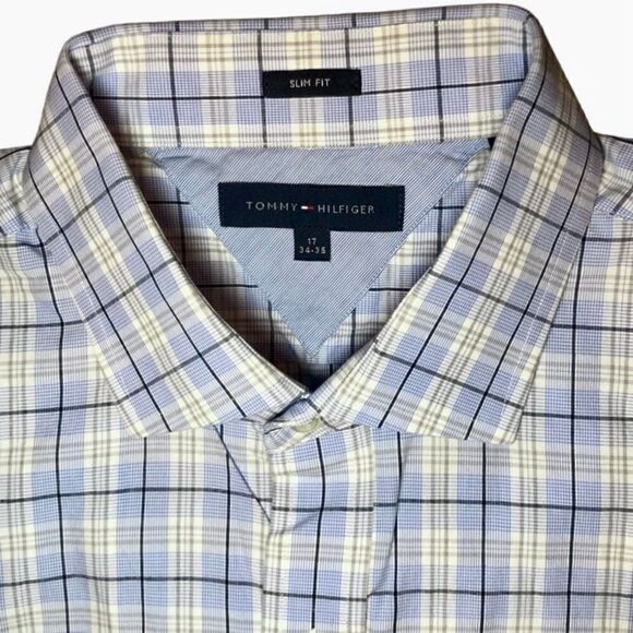 Tommy Hilfiger Slim Fit Plaid Dress Shirt in Blue/White Men’s 17/34-35 - Picture 1 of 7